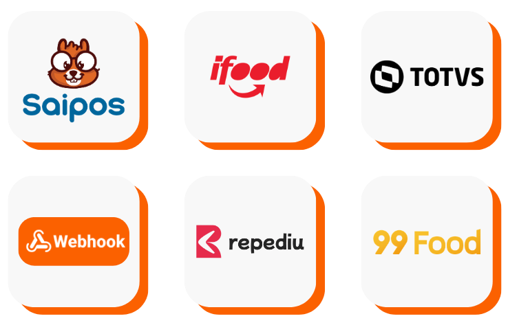 Logos de plataformas: Saipos, iFood, TOTVS, Webhook, Repediu e 99Food